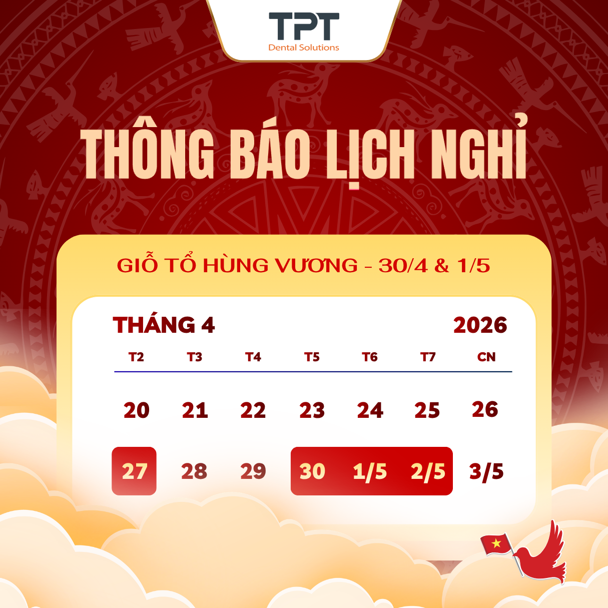THÔNG BÁO LỊCH NGHỈ LỄ GIỖ TỔ HÙNG VƯƠNG, LỄ CHIẾN THẮNG VÀ QUỐC TẾ LAO ĐỘNG NĂM 2026