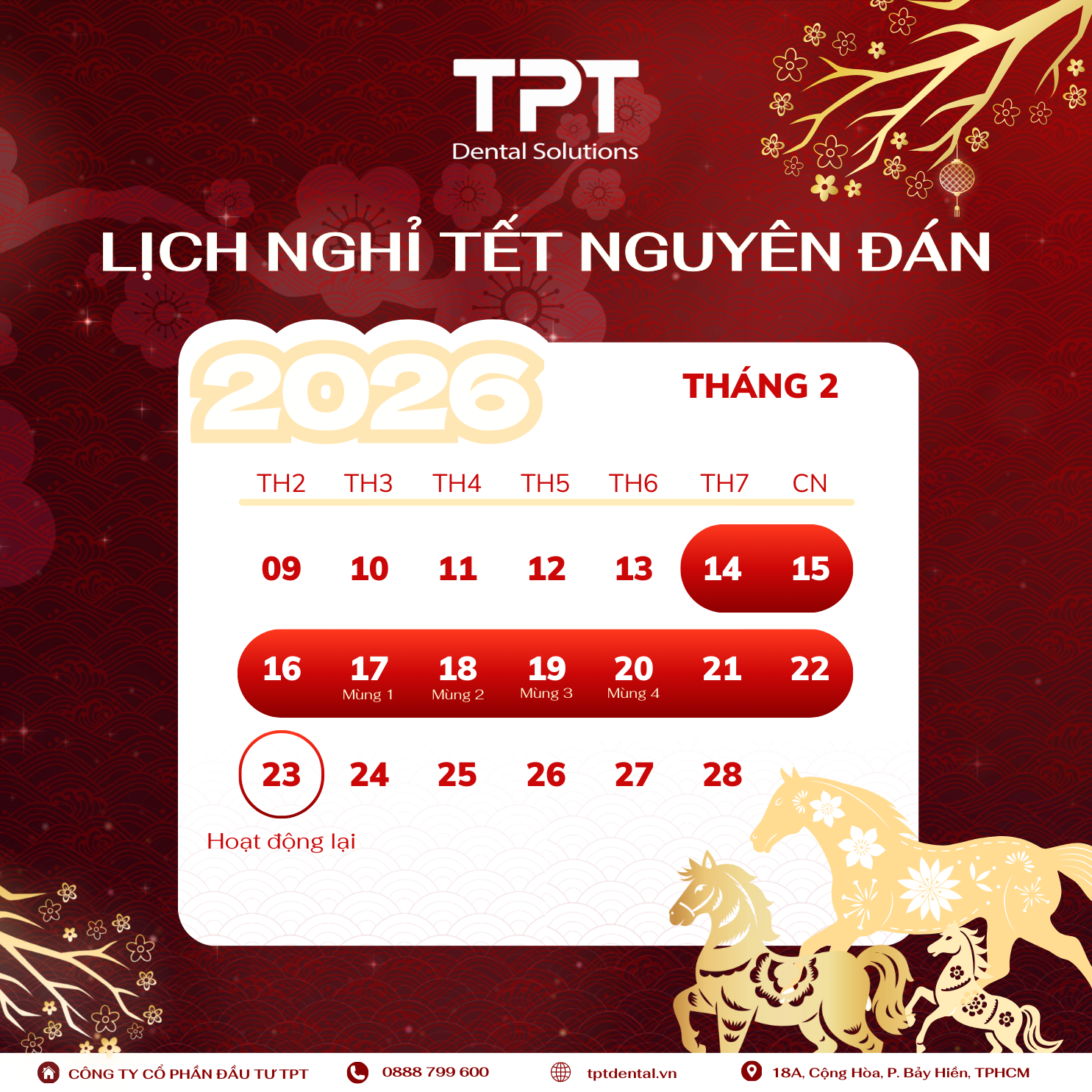 THÔNG BÁO LỊCH NGHỈ TẾT NGUYÊN ĐÁN BÍNH NGỌ 2026