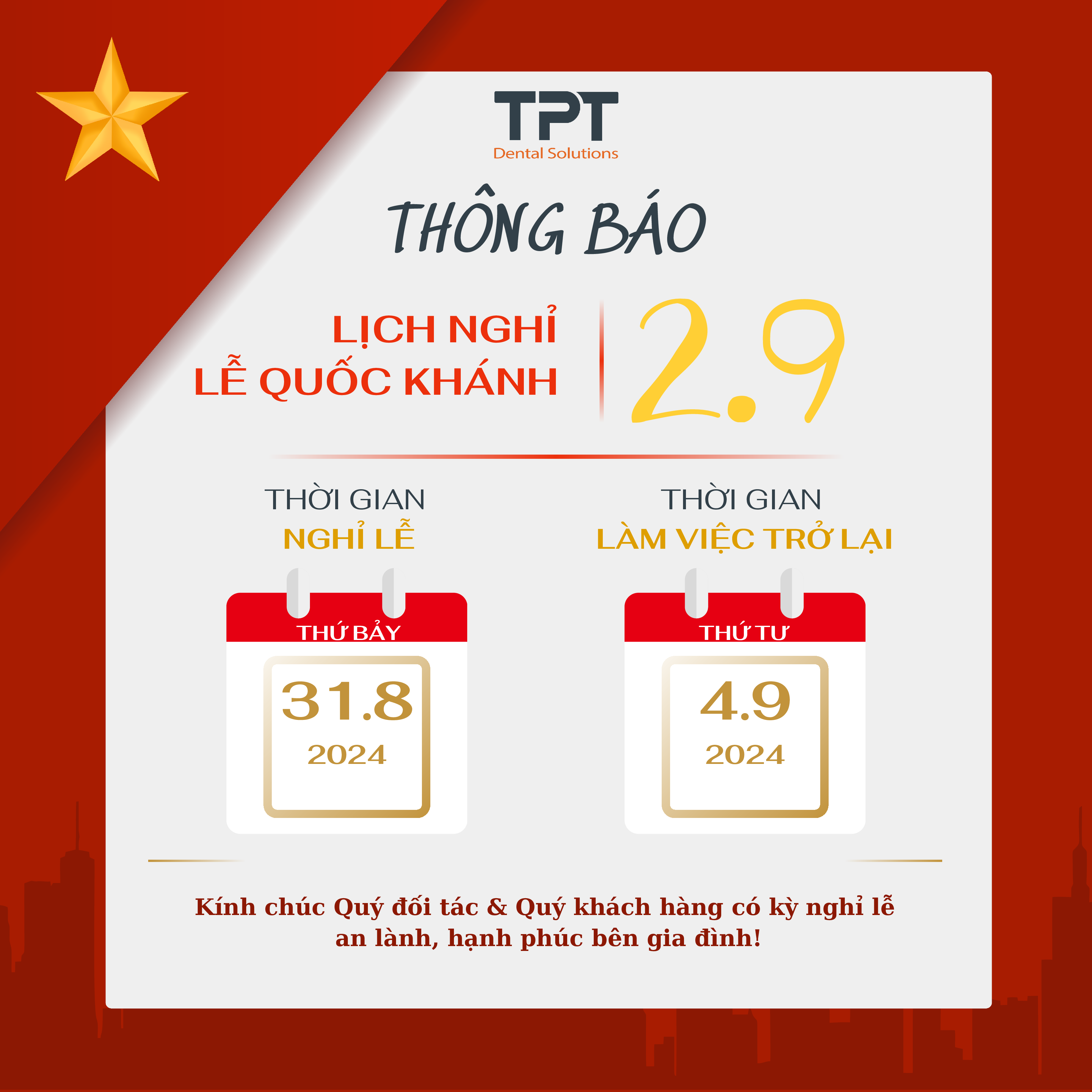 TPT DENTAL THÔNG BÁO LỊCH NGHỈ LỄ QUỐC KHÁNH 2/9